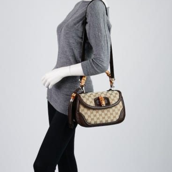 SOLD*Authentic GUCCI GG Canvas And Leather New Bamboo Top Handle Bag Beige/Brown - Picture 3 of 16